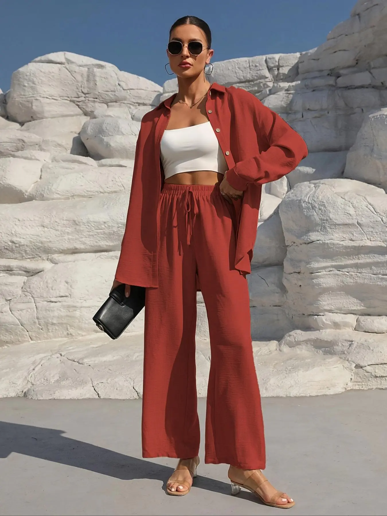 Women's Two-Piece Set, Solid Color Long Sleeve Shirt + Elastic Waist Adjustable Tie Pants, Loose Fit Baggy Collared Shirt + Wide Leg Pants, Casual Lazy Style