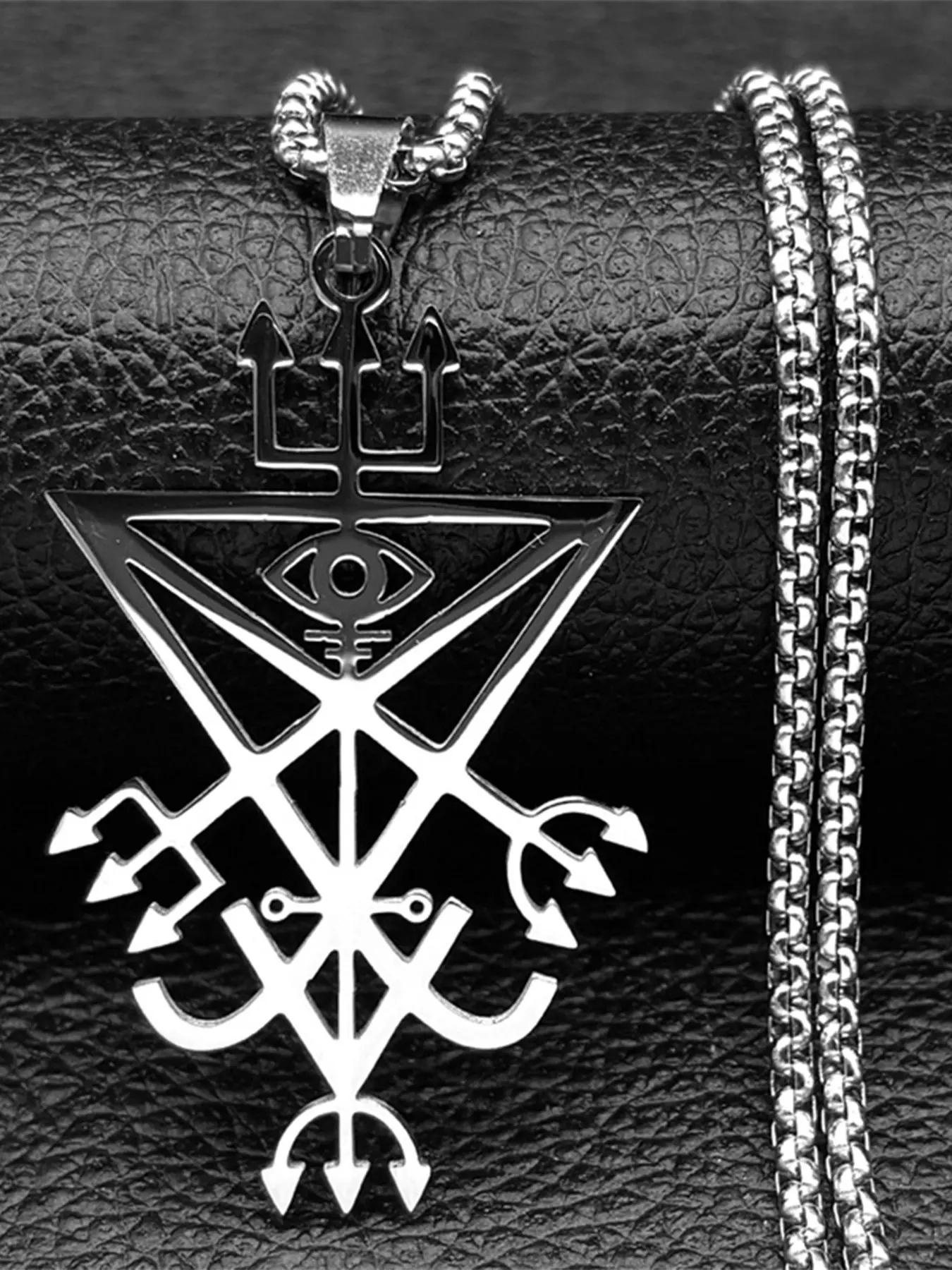 Sigil Church of Satan Trident Stainless Steel Necklace Seal of Lucifer LaVey Hidden Devil Eye Silver Color Long Necklace Eye Pendant Necklace