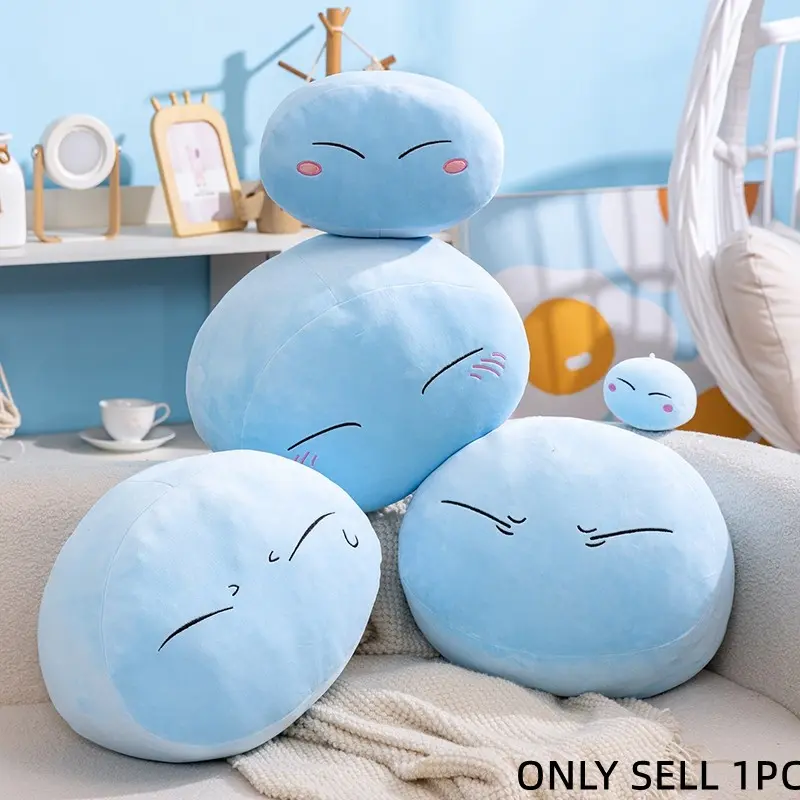 A cute character transformed into a slime from an anime, featuring cuddly plush accessories, stuffies, a soft blue pillow perfect for hugging, a unique 2D-style Lemur figurine, a birthday holiday gift, Huggable collectible