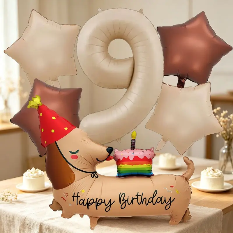 8-Piece Weiner Dog Birthday Balloon Set, Includes 32-Inch Caramel Number Balloons, Star Balloons, Perfect for Birthday Party Decorations， Baby Shower，Pet Lover's Birthday，Dachshund-Themed Birthday Party，Children's Room Decoration