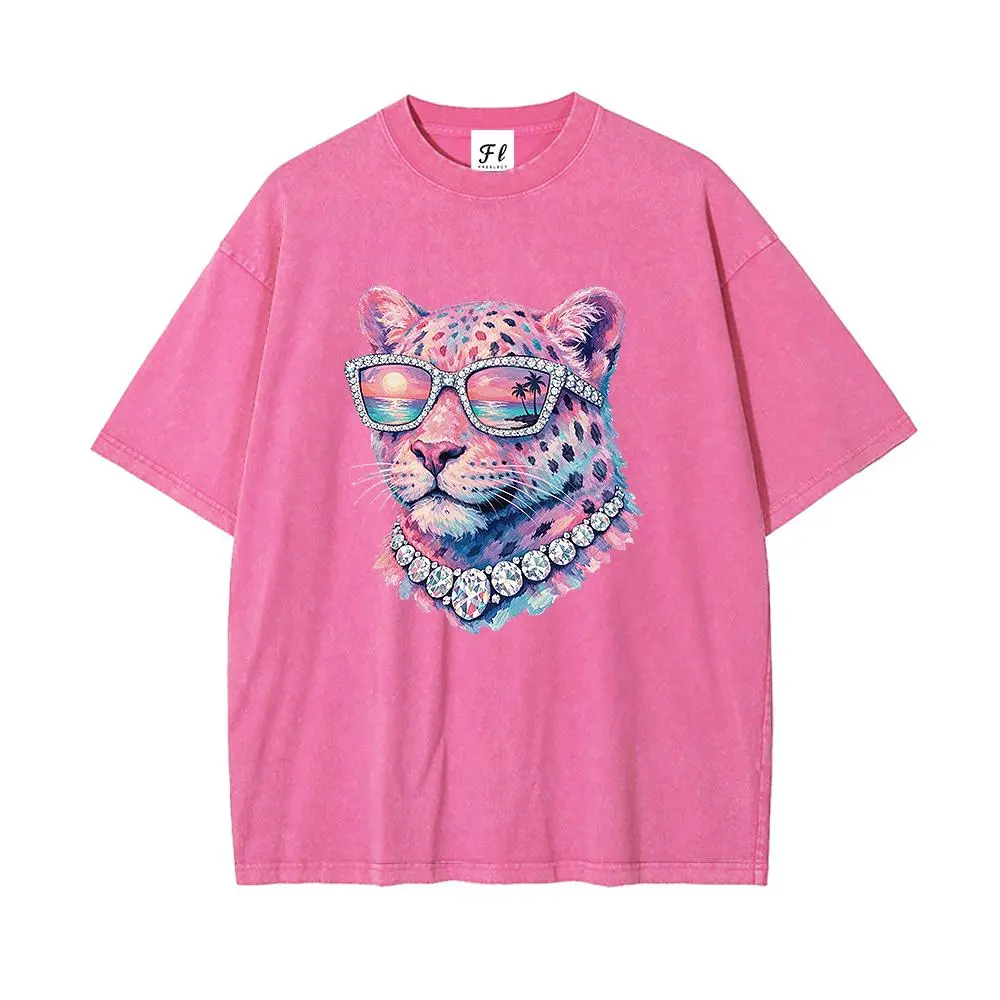 Oversized vintage-wash T-shirt featuring a dreamy, soft-hued rainbow leopard print, a graphic of rhinestone-embellished sunglasses (with a tropical sunset palm tree scene printed on the lenses) and a diamond necklace; a Y2K street-style short-sleeve top.