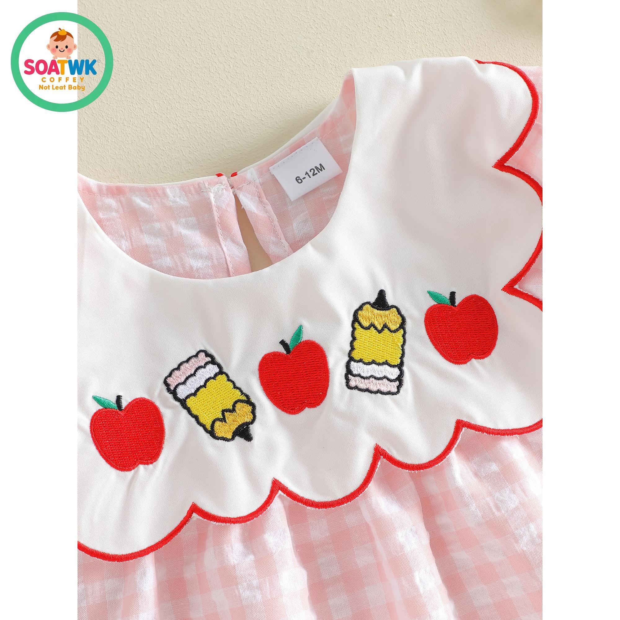Back to School Dress for Little Girl Puff Short Sleeve Crew Neck Pencil Embroidery Plaid Print A Line Dress