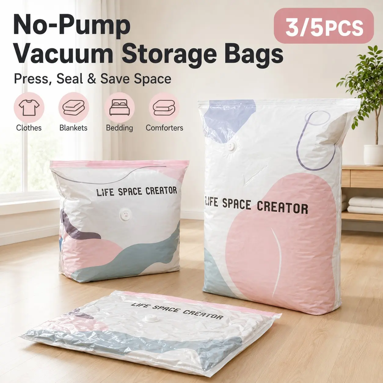 5/3PCS Vacuum Compression Bag, Compressed Bags, No-Pump Vacuum Storage Bags, Moisture-Proof Sealed Storage Bag, Press& seal, No Pump Needed, Ideal for Clothes, Bedding, Comforters, Off-Season Gear