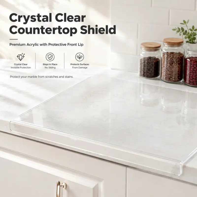 Crystal Clear Acrylic Countertop Protector Mat with Front Lip, Non-Slip Edge Guard Kitchen Marble Counter Shield Against Scratch & Stain