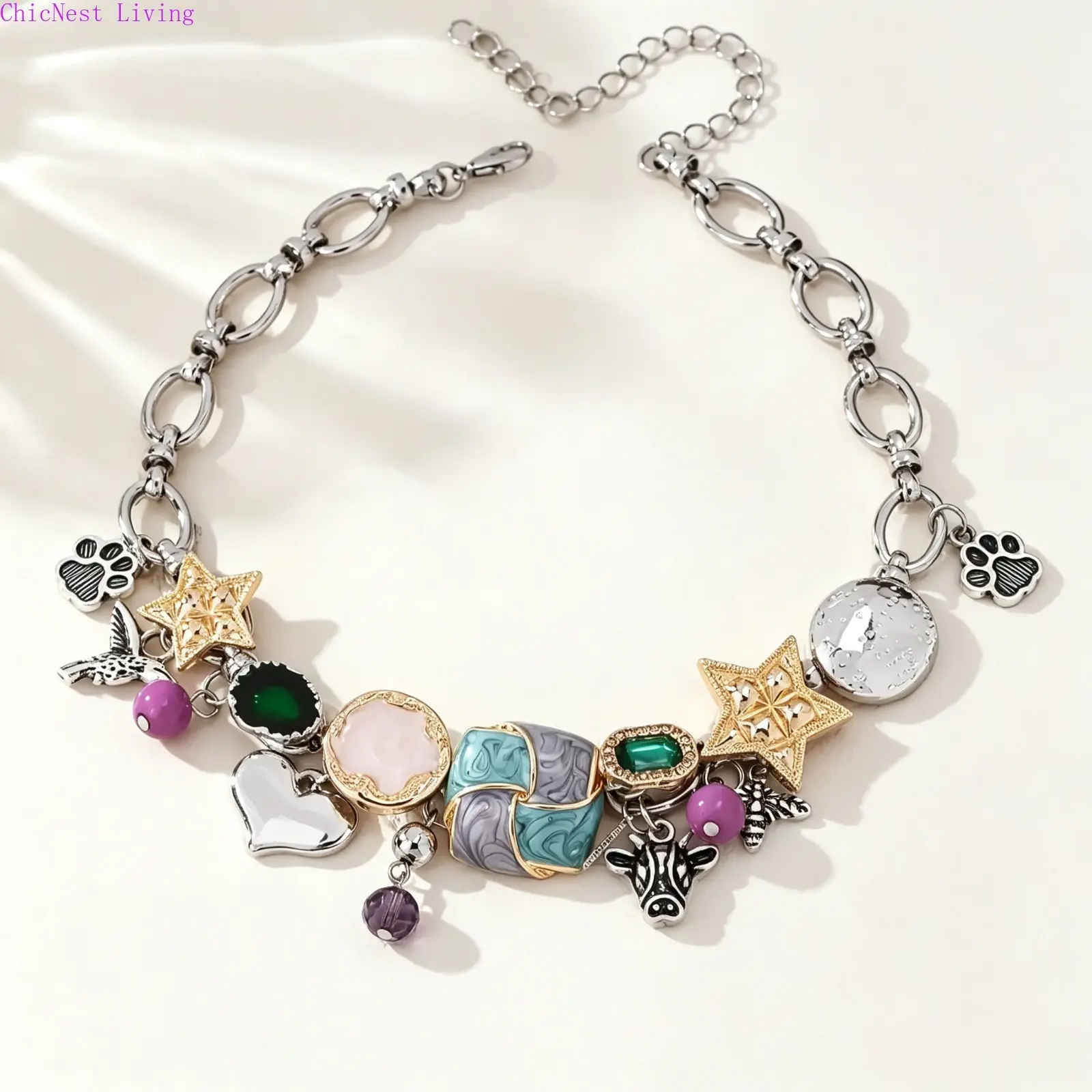 Women's Vintage Hand-Painted Enamel Bull & Bee Pendant Necklace - Long Metal Coating Chain with Star Charm, Unisex Bohemian Stacked Jewelry, Unique Craft Design, Ideal for Casual Outfits & Music Festivals, Valentine’s Day Gift Accessory