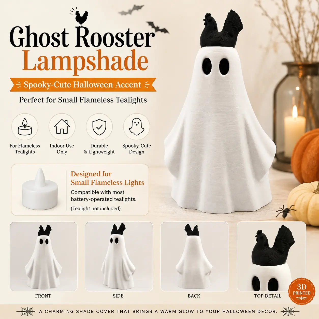 Halloween Ghost Rooster Figurine Lampshade Cover, Spooky Chicken Ghost Tabletop Ornament, Decorative Statue for Flameless LED Tealight, Indoor Halloween Shelf Table Mantel Party Home Decor, Cute Seasonal Display Accent