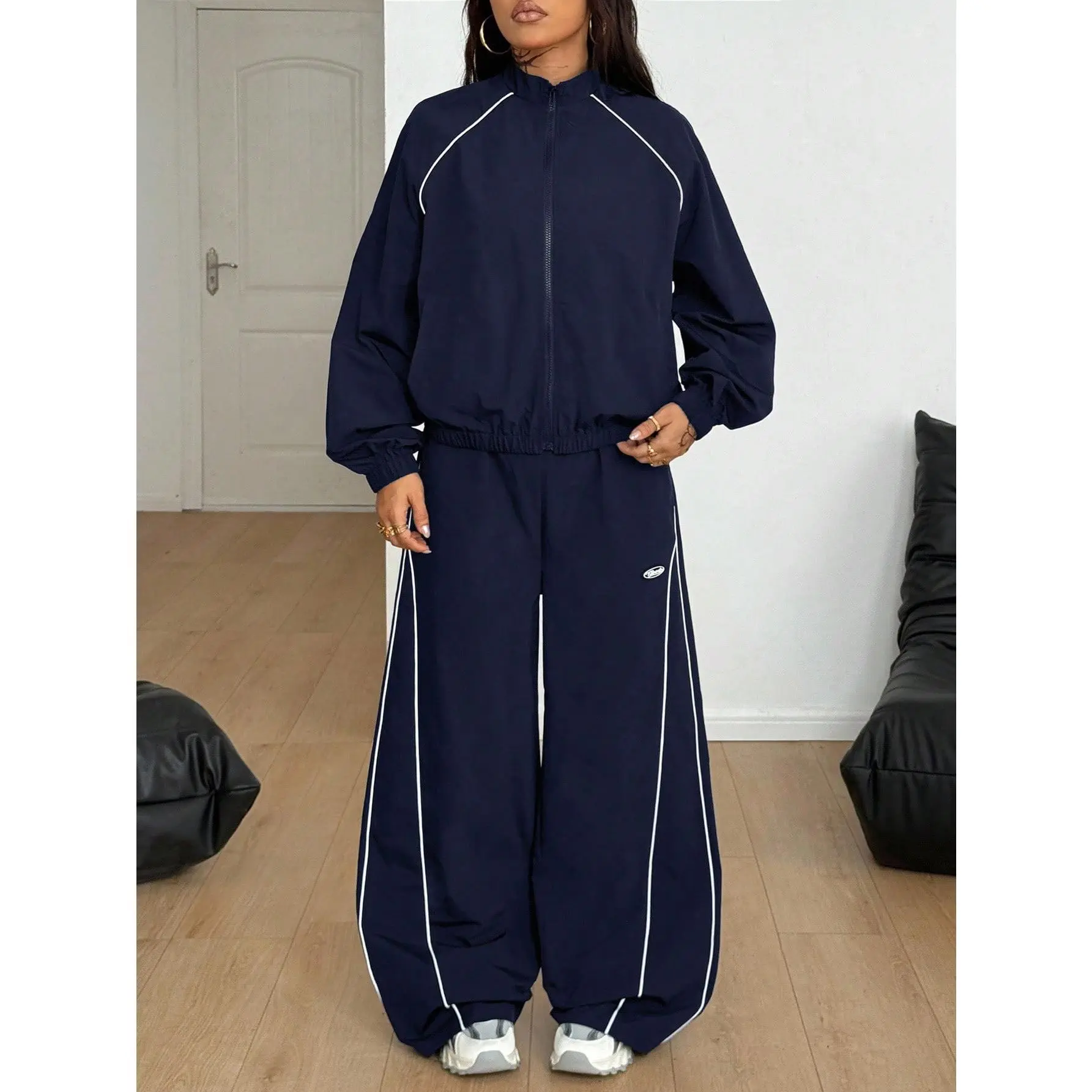 Women's Winter Clothes Streetwear Sporty Casual Athleisure Reflective Lapel Coat And Parachute Pants Navy Blue,2pcs,Fall,Autumn Outfit Gym