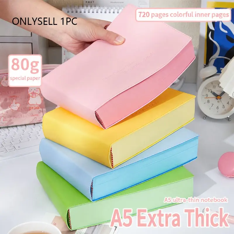 A5 Ultra-Thick Dopamine Style Notebook, 4.5cm Thick, 720 Pages, Soft PU Cover, Colorful Inner Pages, Ribbon Bookmark, Ideal for Journals