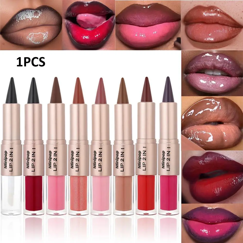 Lipstick Lipline Lip Color Double Head Two in One Matte Line Hook Lipstick Mirror Effect Lip Color Does Not Stick To Cup Lip Glaze Lipliner Makeup
