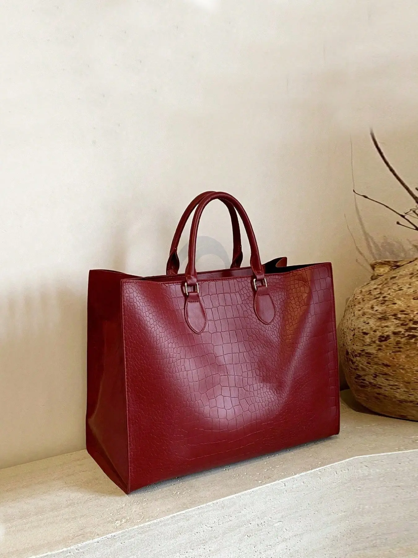 Red Large Capacity Faux Crocodile Grain Minimalist Oversized Tote Bag, Four Seasons Versatile Travel Shopping Single Casual Shoulder Bag Handbag, Commuter Underarm Purse, Laptop Office Bag for Women, Everyday Bag