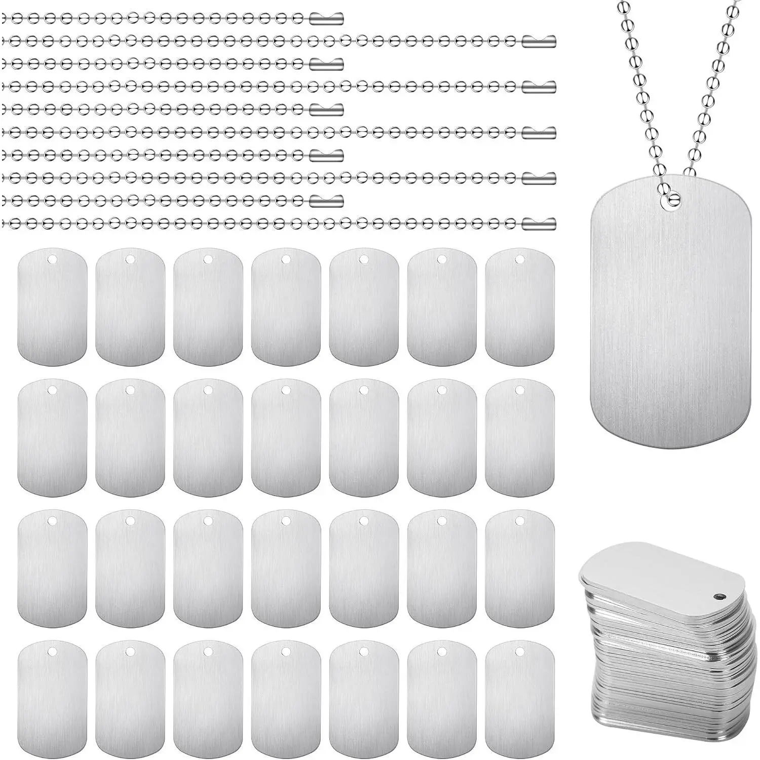 100 Pcs Military Dog Tags Set - 50 Aluminum Blank Tags & 50 Iron Necklace Chains, Engravable Pet ID Tags for DIY Decorative Crafts, SilverGift