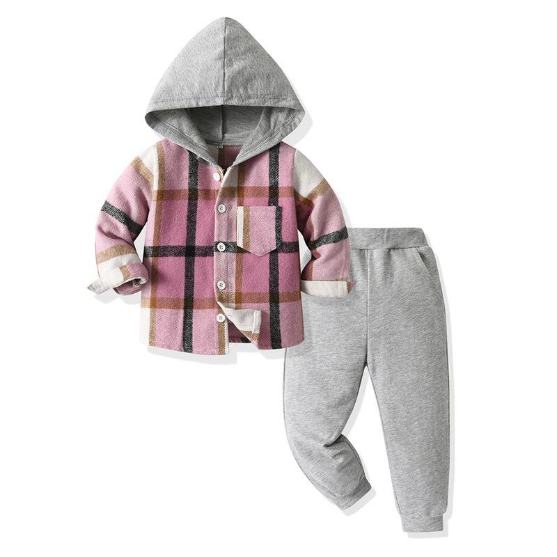 Toddler Boys Plaid Hooded Shirt & Khaki Sweatpants Set, Fashionable Long Sleeve Button-Down Top with Pocket, Comfortable Joggers for Kids, Perfect for Autumn/Winter Daily Wear & Outdoor Activities