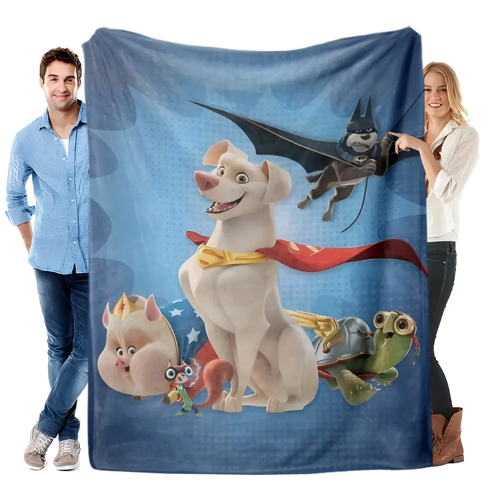 DC League of Super Pets Group Cartoon Blue Background Throw Blanket, Superhero Animal Team Print Soft Flannel Blanket for Kids Bedroom Sofa Bed, Animated Movie Fan Gift All Season