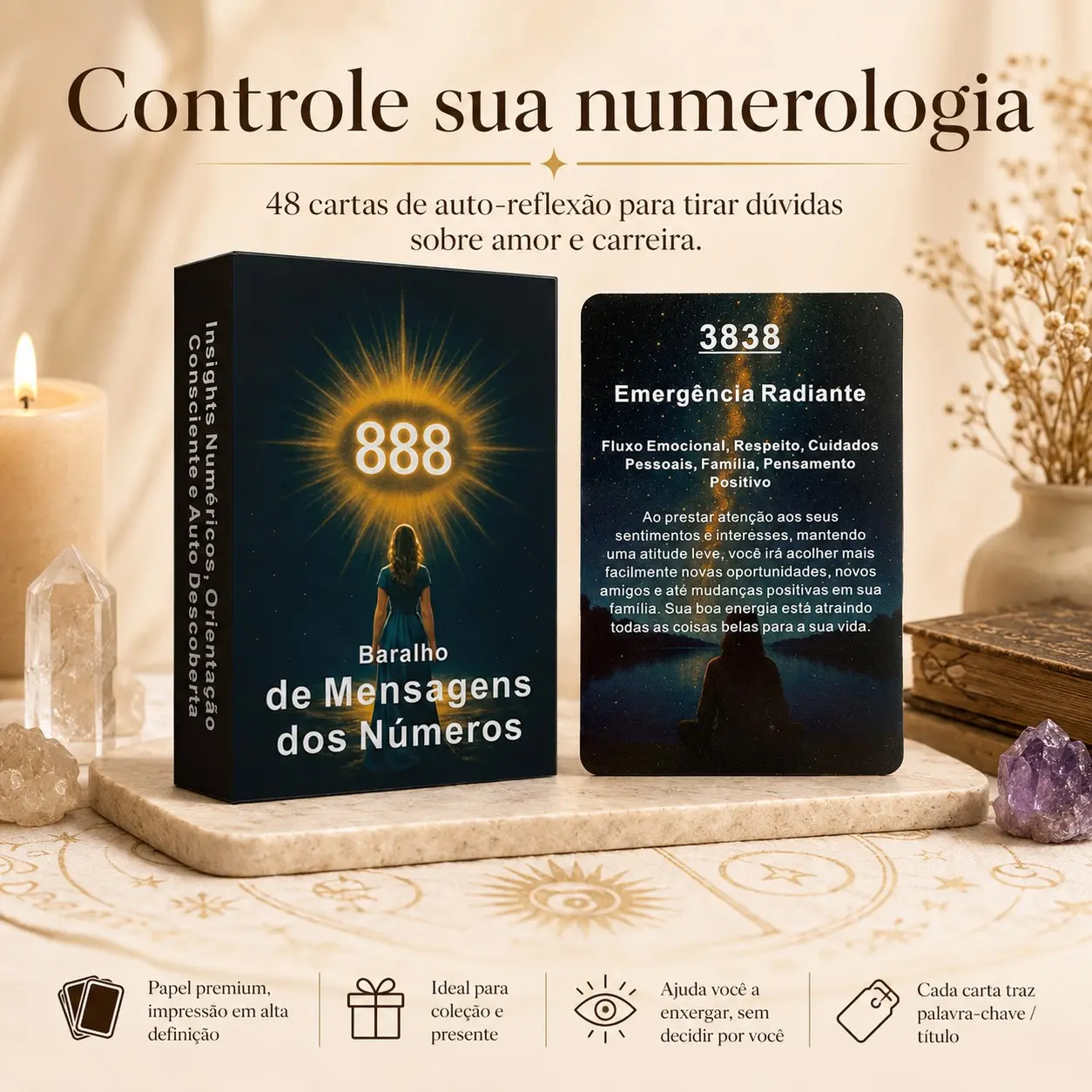 Portuguese Numerology Oracle Cards 48 Pieces, Self-Reflection Tarot Deck, Divination Tool, Relationship Career Guidance, Daily Growth Inspiration, Meditation Gift