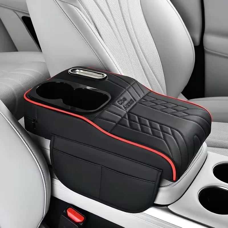 Multi-Functional Car Center Console Armrest Storage Pad Premium Leather Elbow Support Cushion With Cup Holder Side Storage Pockets Universal Fit All Vehicles Car Interior Accessory