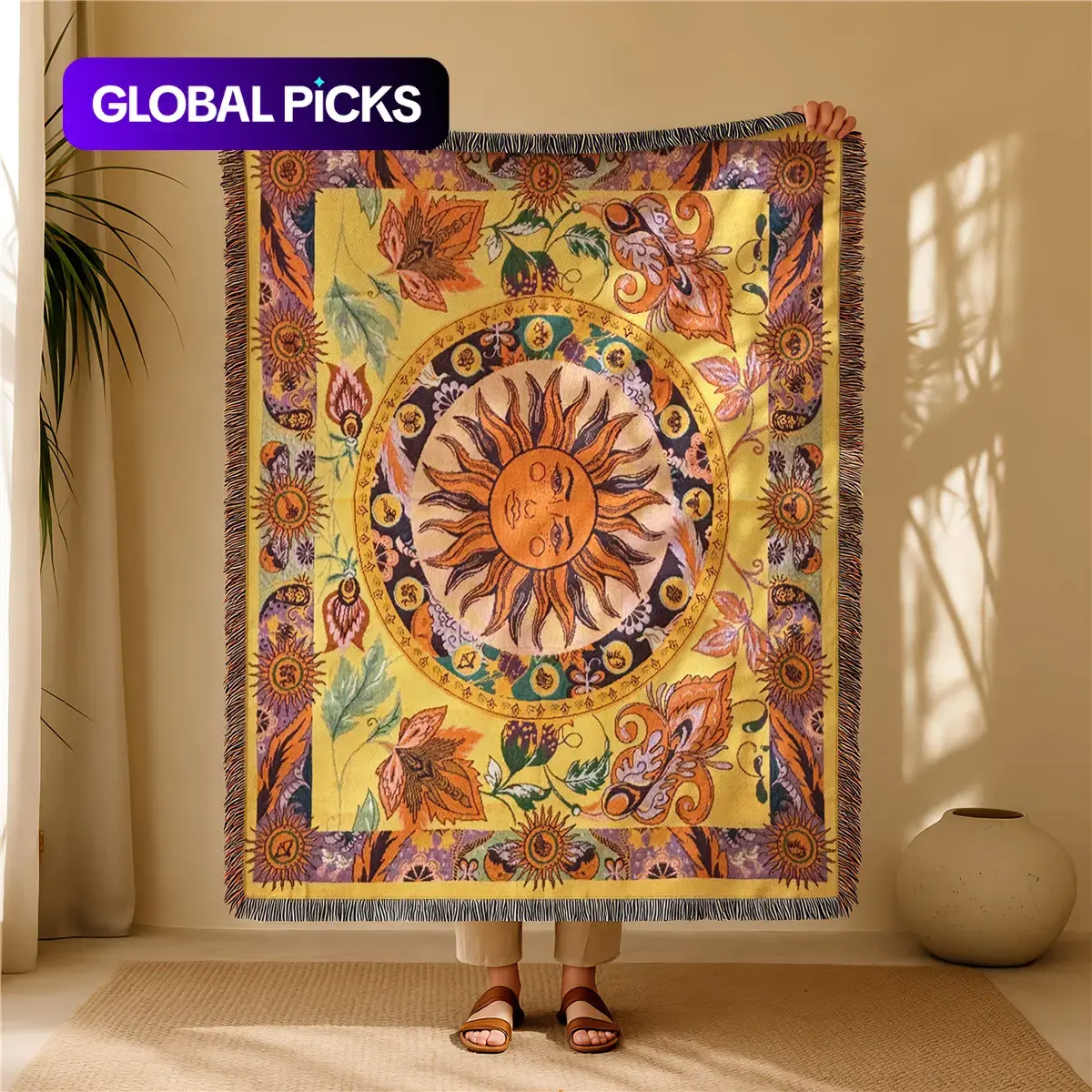 Boho Sun Print Tassel Throw Blanket, Soft Breathable All-Season Cozy Blanket for Air-Conditioned Rooms, Home and Office #GLOBAL PICKS
