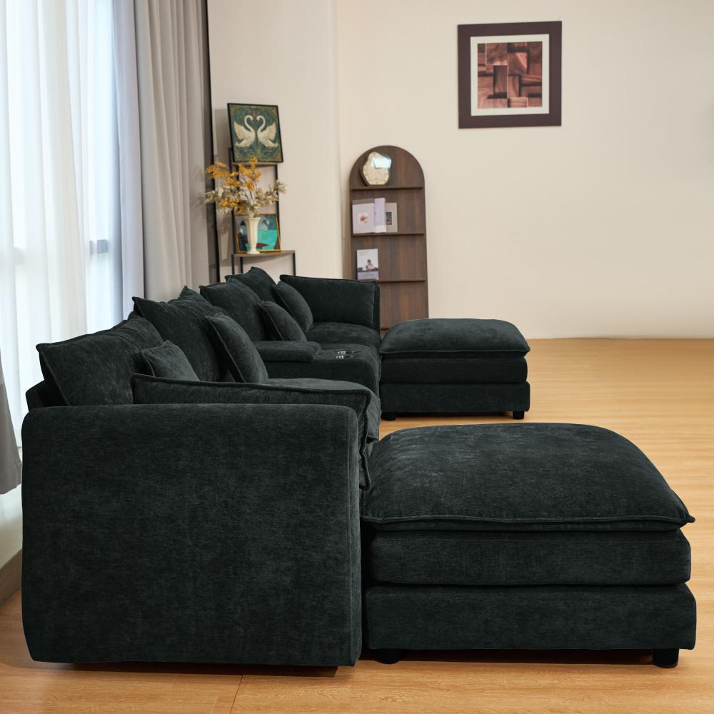 144" U-Shaped Sectional Cloud Couch – Modern Chenille Modular Sofa Set with 6 Seats, Movable Ottoman, Cup Holders & Hidden Storage Console, Comfy Fluffy Black Grey Sectional Sofa for Living Room or Apartment 20.27“ Seat Height