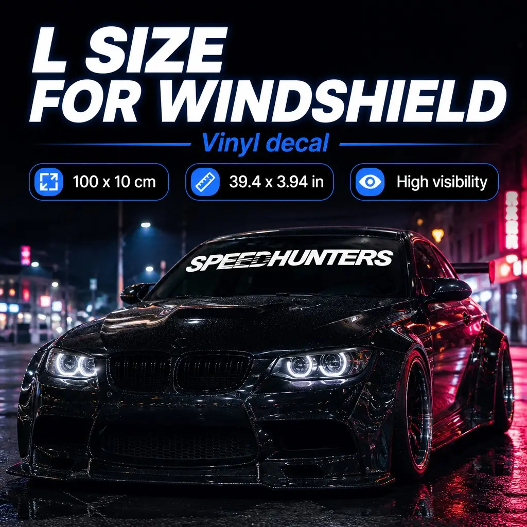 SPEEDHUNTERS Car Front Windshield Vinyl Decal Sticker, JDM Street Racing Style Auto Exterior Decor, 7 Glossy & Reflective Laser Colors, 2 Sizes M L, Easy‑Apply Waterproof Durable Vinyl Sticker for Most Vehicle Windshields, Car Decals