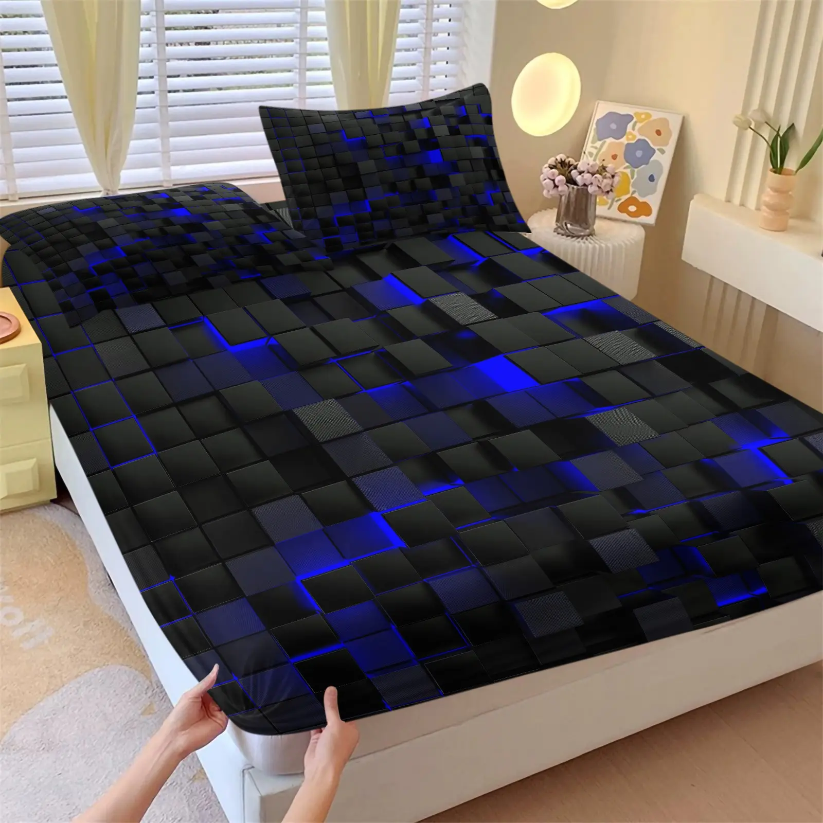 3Pcs Deep Pocket Blue Neon Cube Fitted Sheet Set Stretch Soft Wrinkle Resistant Microfiber Bed Sheet With 2 Pillowcases Futuristic Geometric Pattern Bedding Decor For Bedroom Teen Man Room