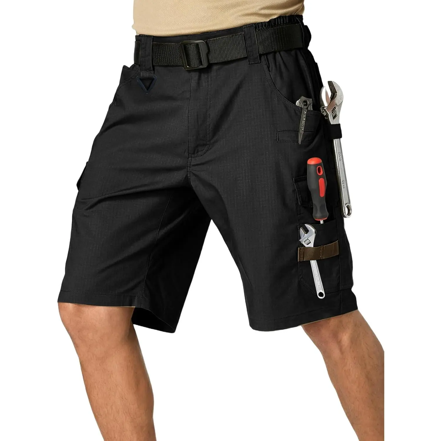 Men's Rugged Cargo Work Shorts - Water Resistant Ripstop Tactical Tool Shorts with 14 Pockets, Button, Adjustable Strap for Construction Workers, Outdoor Hiking (No Belt, Ideal for DIY Projects)