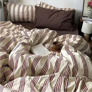 Striped Duvet Cover Full Brown Stripes Bedding Set 3 Pcs Girls Comforter Cover Soft Breathable Microfiber Quilt Cover with Zipper Closure and 2 Pillowcases