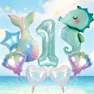 10pcs Gradient Fish Tail Ocean Theme Balloon Set, 32'' Crystal Blue Number Balloons, Mermaid Birthday Party Decor, Pool Beach Party Supplies