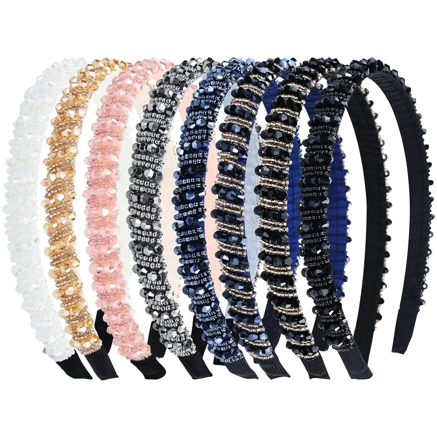 Female 8-Pack Baroque Hairbands, Crystal Rhinestone Beaded Jeweled Sparkly Glitter Bling Padded Thick Wide Cross Hair Holders, Glamorous Hair Accessories for Women, Diamond Jeweled, Cross Hair Bands