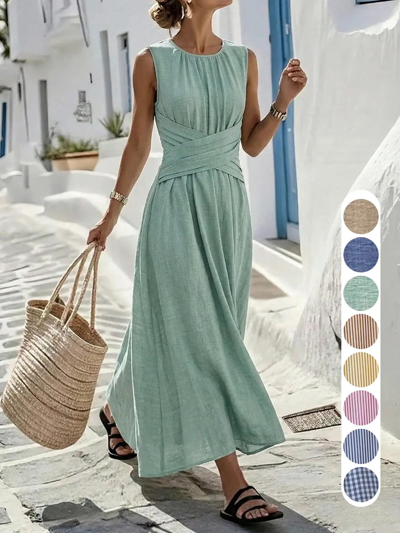 (The fabric is relatively thin and the size is a bit large) Sleeveless Round Neck Vacation Dress, Relaxed Style, Simple Elegant Look, Long Beach Dress, Summer Travel Dress, Daily Casual Plain Dress Ff2632