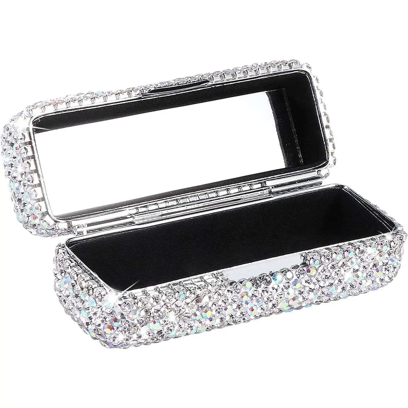 Lipstick Case Holder Shiny Rhinestone Lipstick Organizer w/Mirror