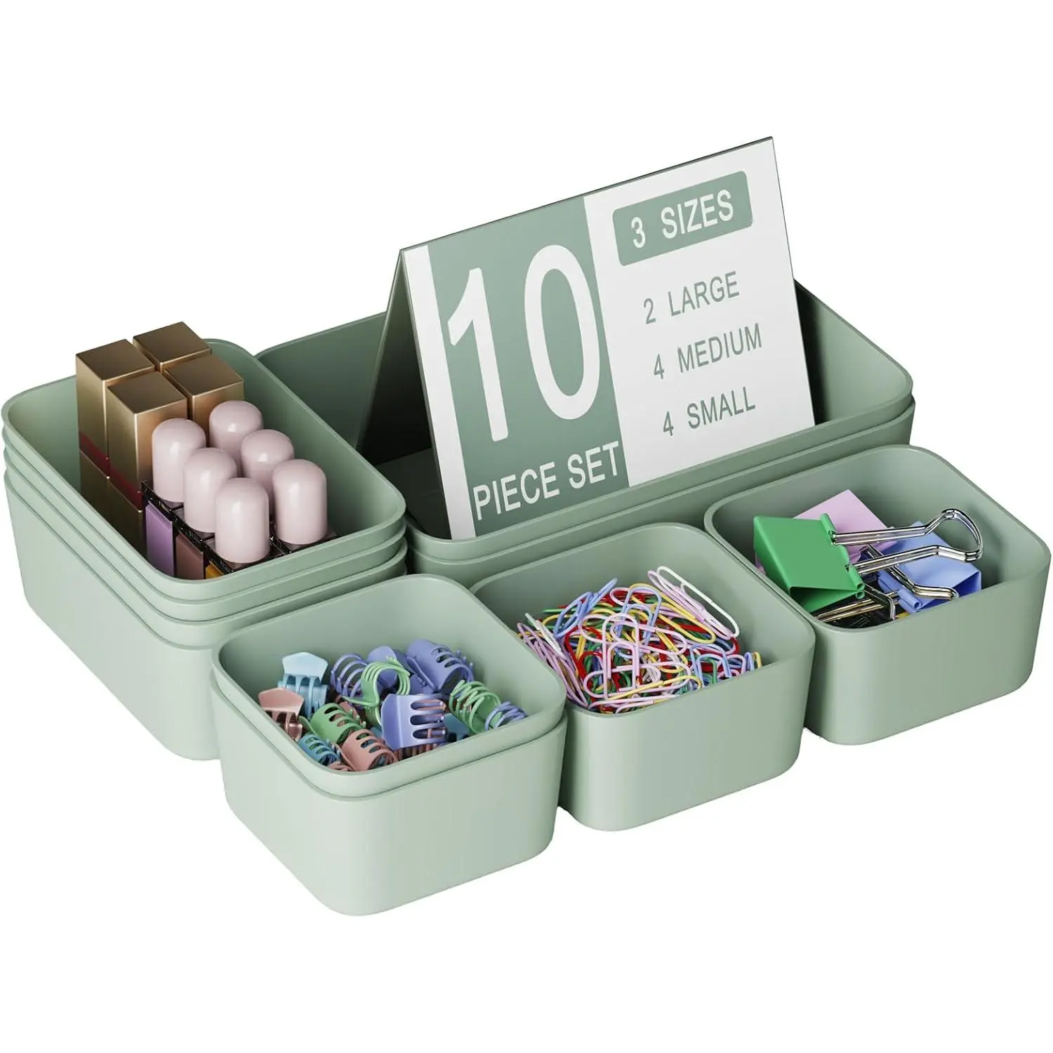 Plastic Drawer Organizers, 10 PCS Drawer Organizer Bins, Bathroom and Vanity Organizer Plastic Tray, Makeup organizer and storage for Makeup, Bedroom, Kitchen Gadgets Utensils and Office (Green)
