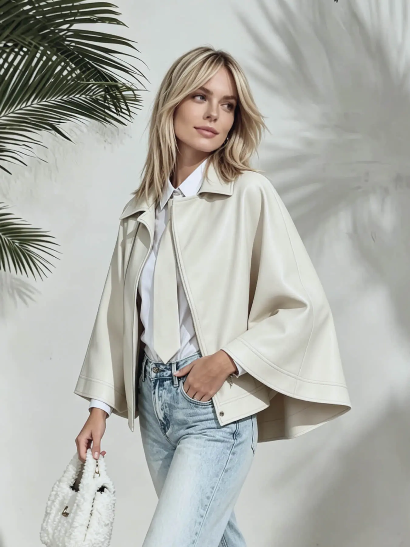 A fashionable women's French style light luxury lapel zipper loose cape leather jacket top, suitable for summer, suitable for casual dating, vacation travel, store exploration, check-in Coats