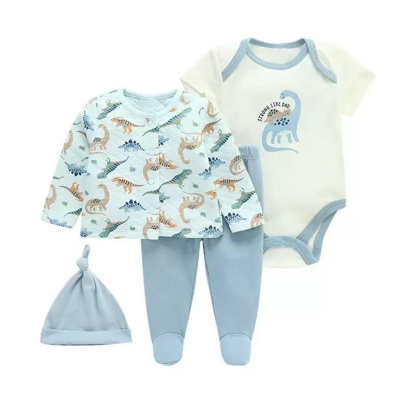 [4-piece cotton pants set] 4-piece boy's cartoon giraffe cotton long-sleeve pants set|   Air cotton, casual round, stretch knit, regular fit, no belt, polyester, autumn and winter season, outdoor