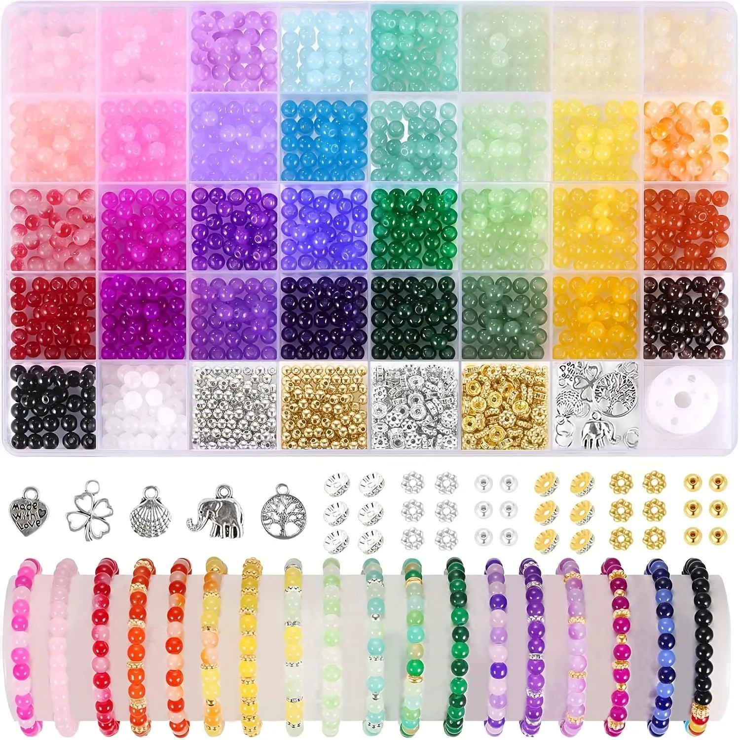 1435pcs 34 Colors Solid & Rainbow Gradient 6mm Glass Beads, Beads For Jewelry Making, DIY Bracelet Earring Necklace Kit, Beaded Bracelet Making Kit, Adult Handmade Jewelry Making Supplies