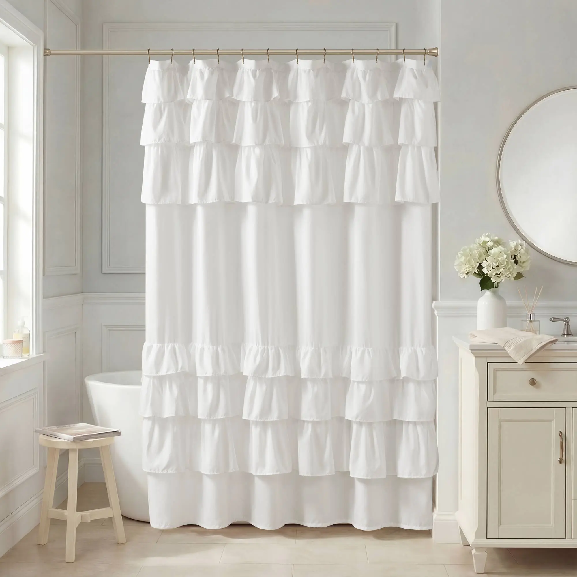 Nokaa 72x84 Inch Ruffled Shower Curtain, 1-Piece Fabric Bathroom Curtain with Elegant Ruffle Design, Water-Repellent Polyester, Hotel Style Privacy Curtain for Master Bath, Guest Bath, Standard Tub/Shower, Machine Washable, White