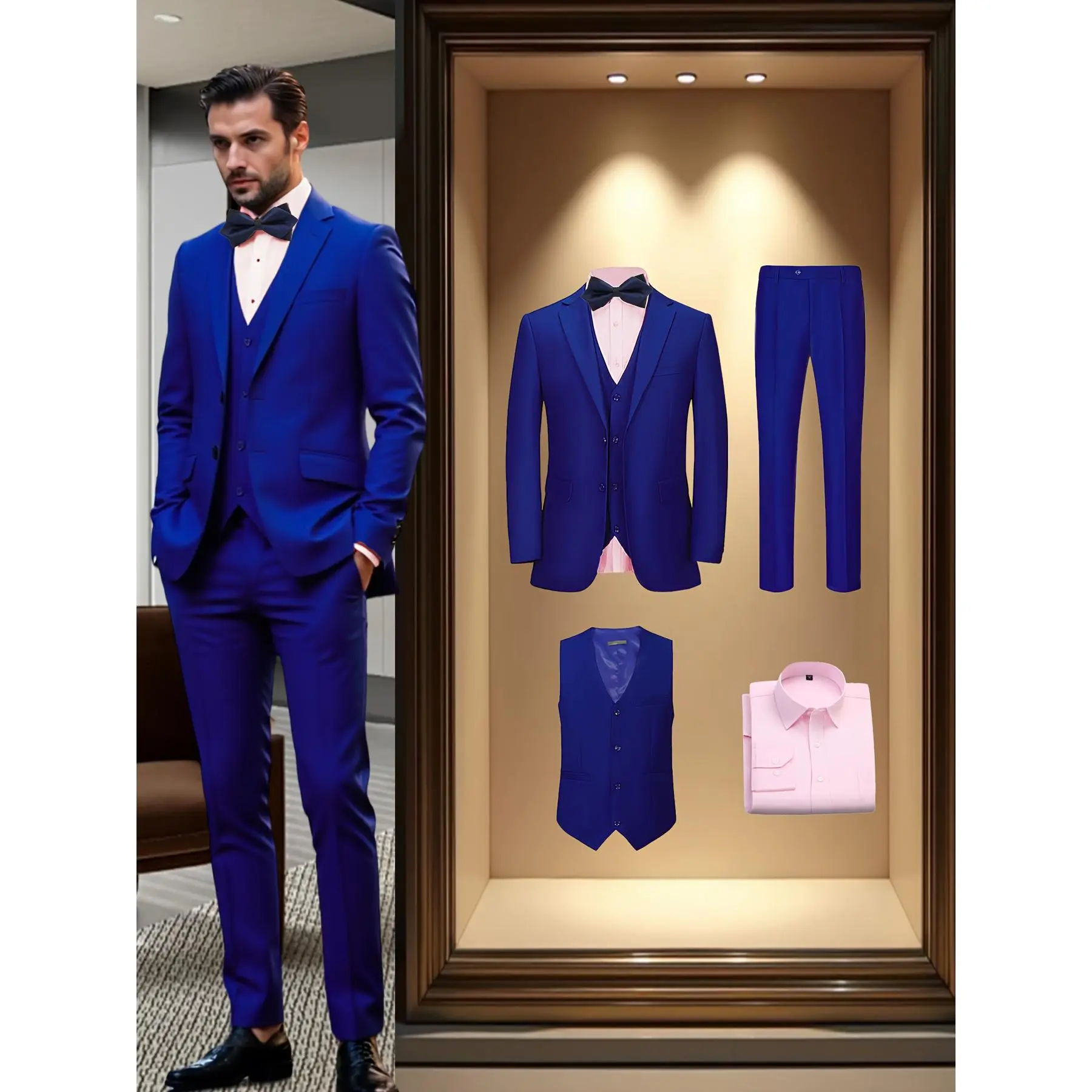 Ace interviews and casual events in one set — this single-button 4-piece suit includes a matching pocket square for effortless styling