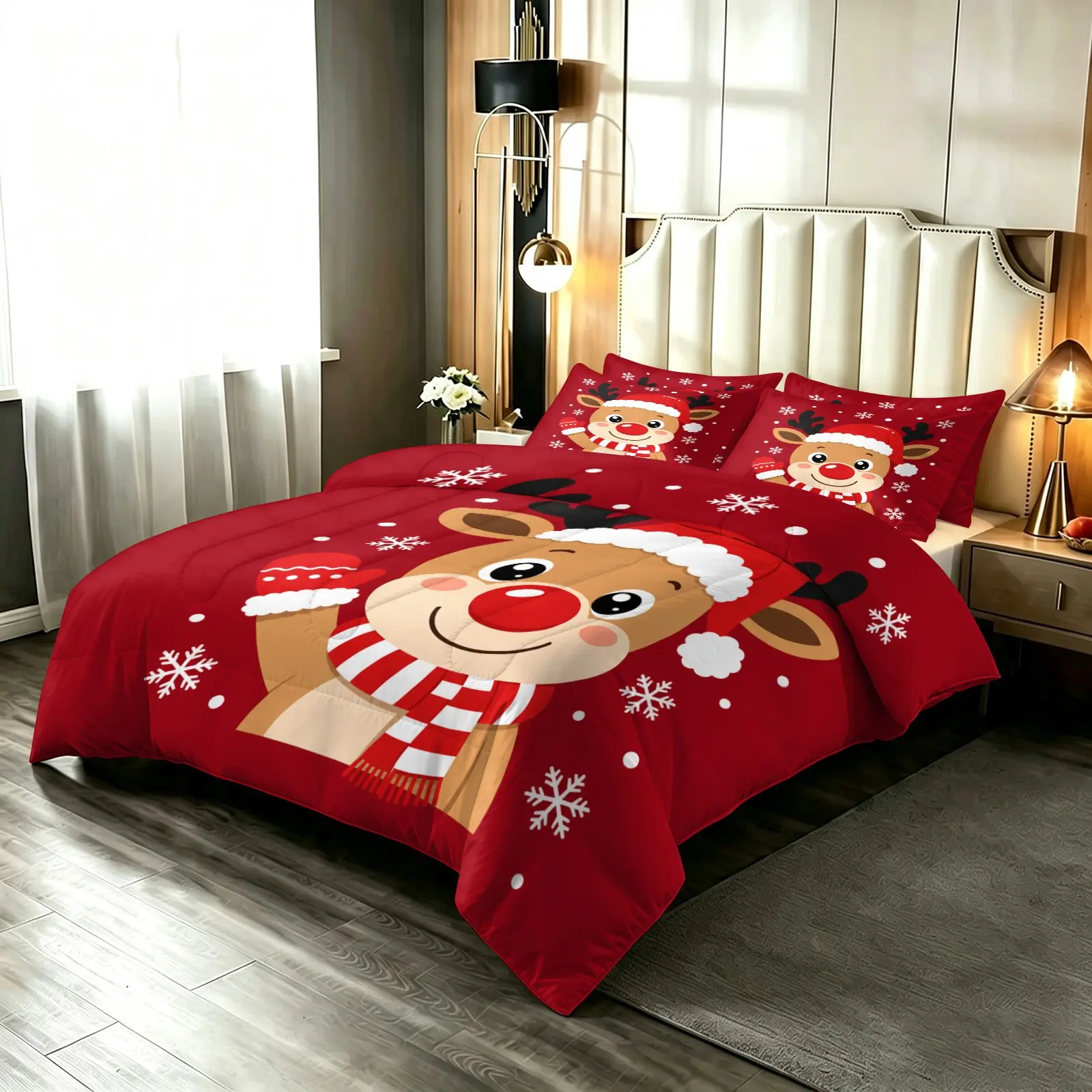 3-Piece Reindeer Pattern Quilt Set, Soft and Comfortable, Ideal for Christmas Decor, Bedroom, Guest Room, All-Season Home Decor