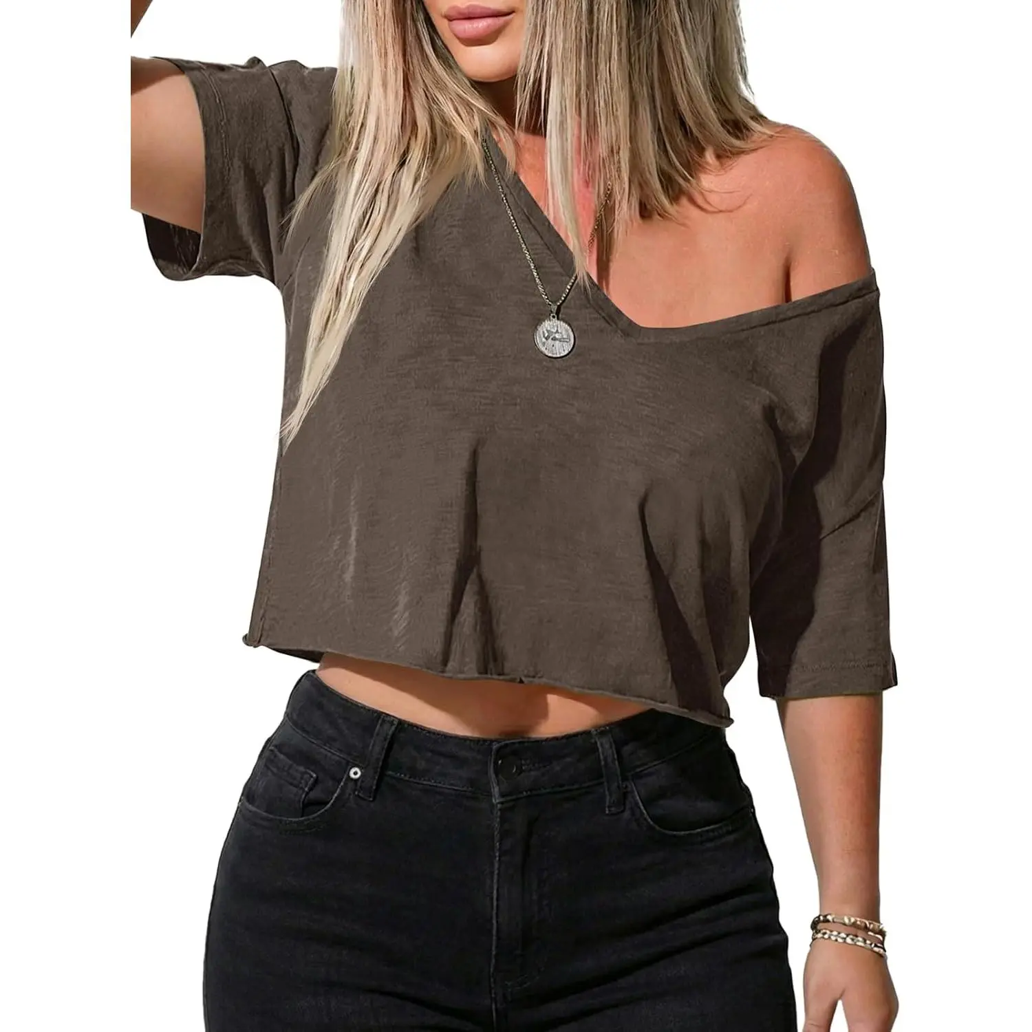 Womens Off Shoulder Crop Top Summer Deep V Neck T-Shirts Loose Tee |   Basic Tees,Short Sleeve Cropped T Shirts,Cropped Off the Shoulder Tops,Sexy,Cute,Casual,Comfort