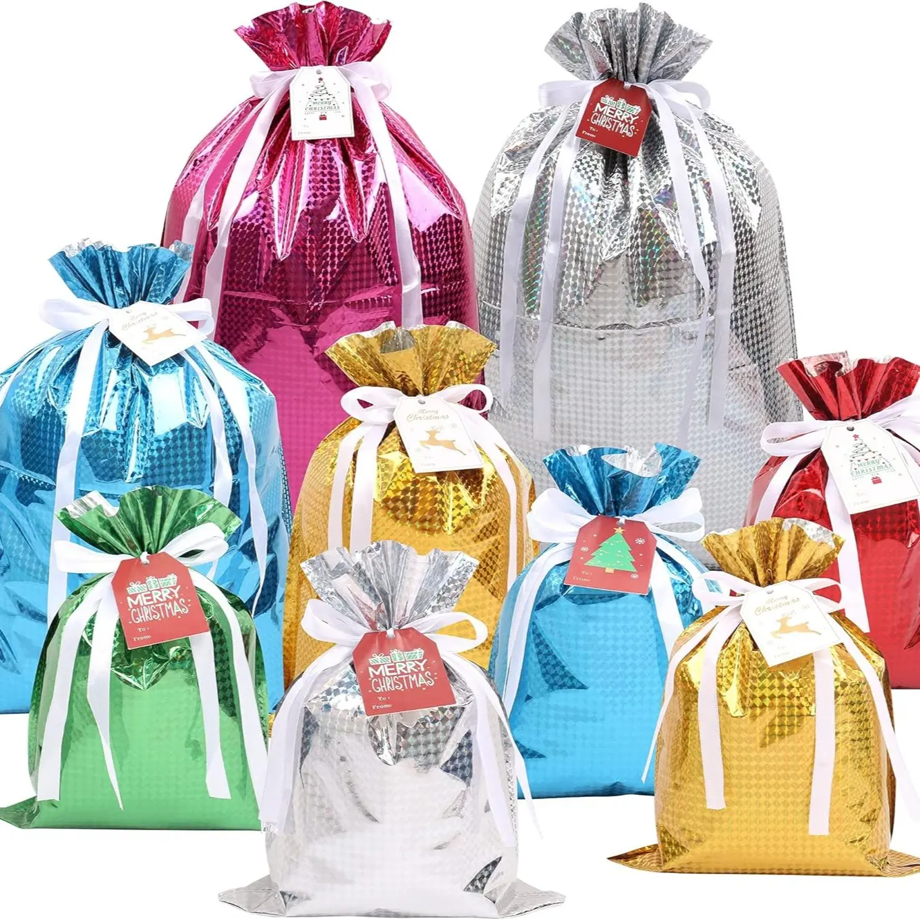 16 Packs Durable Colorfast Gift Bags, Goodie Bag, Assorted Size, Colorful Drawstring-Aluminum Foil Reusable Material, Christmas Drawstring Gift Bags, with Colorful Tag, Wrapping Gift Bags, Assorted Sizes Holiday Gift Bag, Christmas Bag