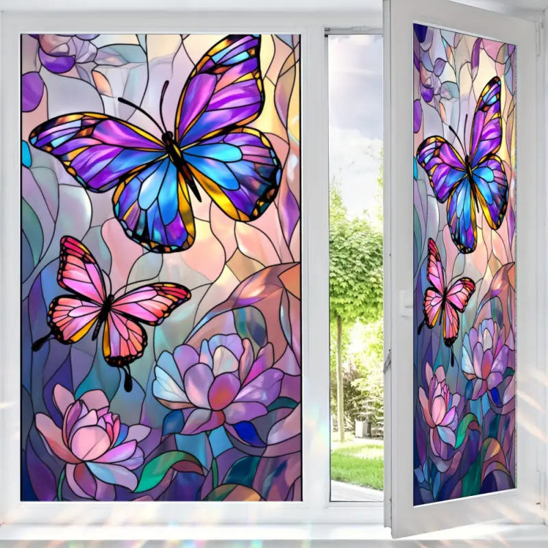 2D Flat Static Cling Colorful Butterflies And Flowers Window Stickers Window Film Ornament For Living Room And Bedroom Removable Window Decals For Glass Windows