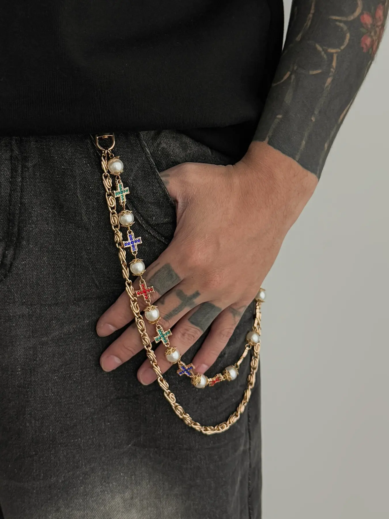Luxury Vintage Cross Pearl Double Layer Pants Chain, Colorful Rhinestones Chain Jeans Accessory, Casual Alloy Material, Waist Chain Accessory