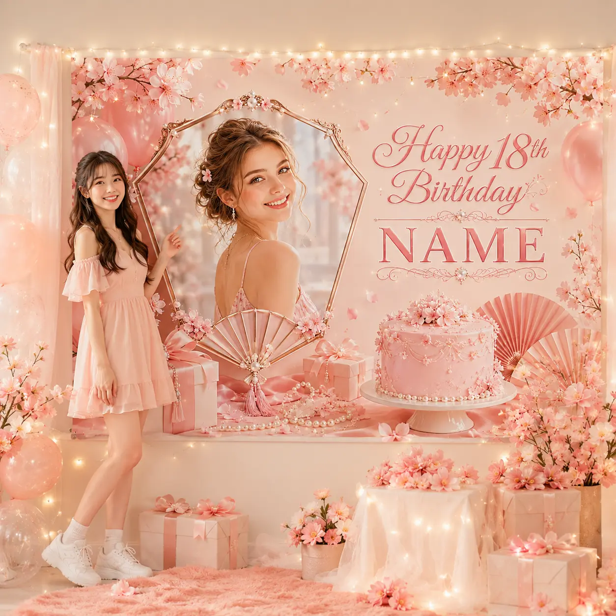 Personalized Blush Pink Cherry Blossom 18th Birthday Backdrop - Artwork, Geometric Floral Frame, Folding Fans, Cake, Gifts, Custom Photo & Name - Festive Party Banners for Wall Decor