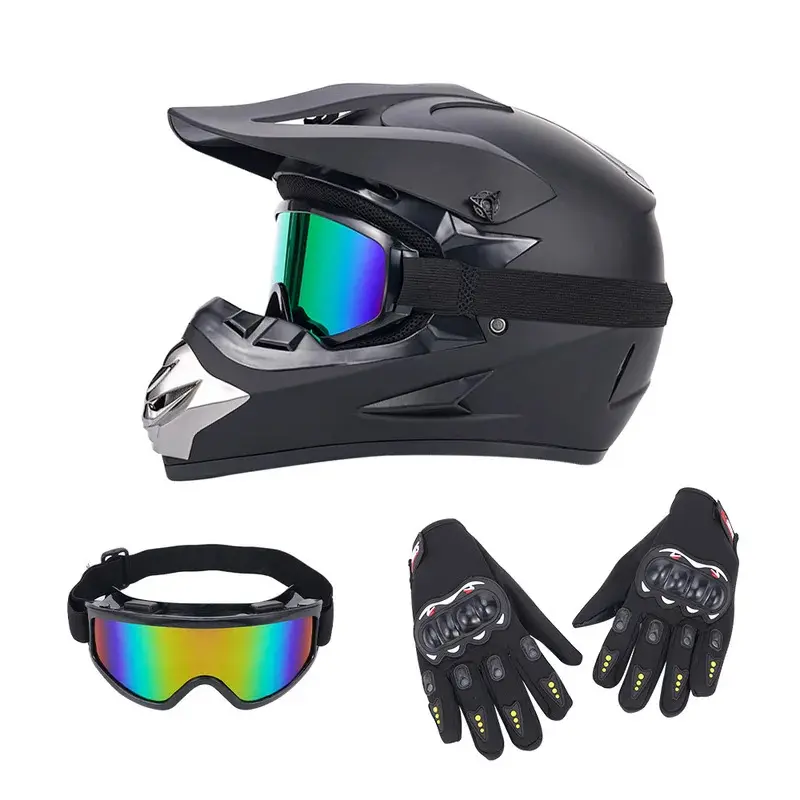 Full Face Dirt Bike Helmet Kit with Goggles Gloves Mask for Motocross ATV UTV MTB S/M/L/XL SizesBlack/Matte Silver Visor