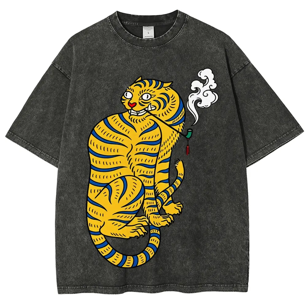 Unisex 100% Cotton Washed T-Shirt - Round Neck, Tiger with Swirling Cloud Smoke Pipe Graphic, Personalized Pattern, Y2k Vintage Style, Summer Casual Oversized Menswear Top, Tshirt