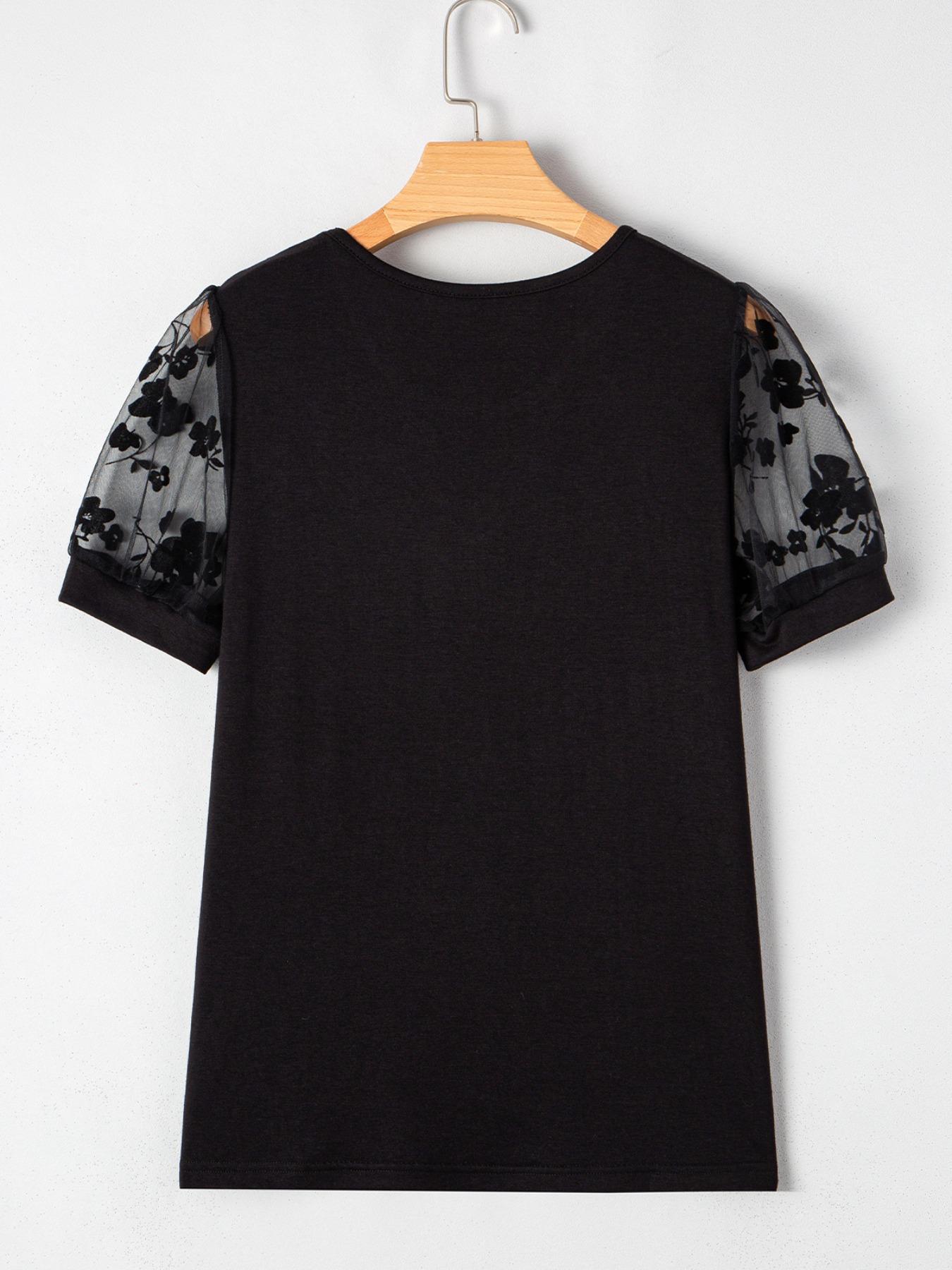 Women's Plain Floral Lace Splicing Tee, Casual Curved Hem Short Sleeve T-shirt for Summer, Ladies Clothes for Daily Wear Tops