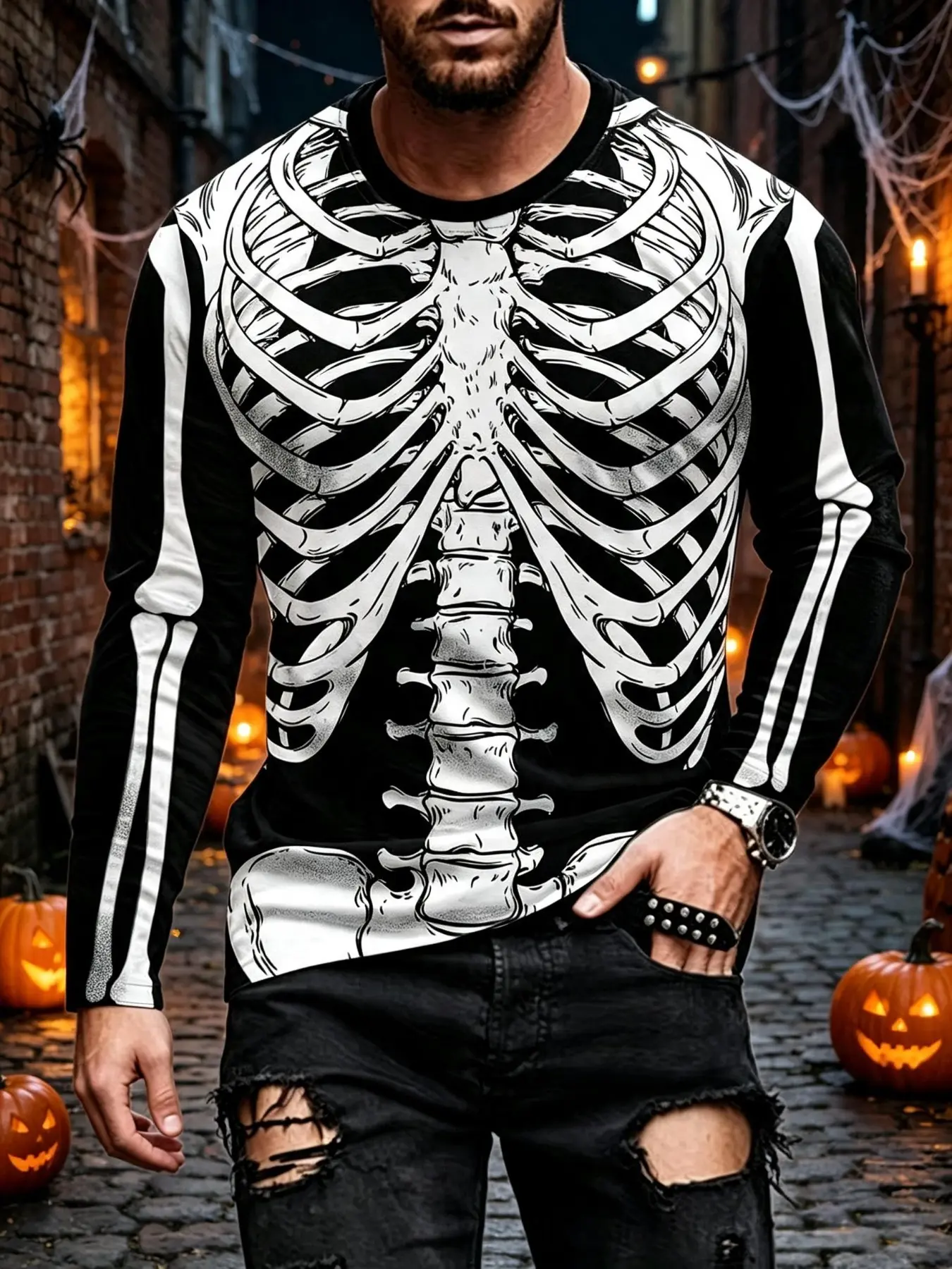 Men's Halloween Skeleton Ribcage Full Print Crew Neck Long Sleeve Shirt, Dark Street Style Trendy Casual Sports Long Sleeve Tee