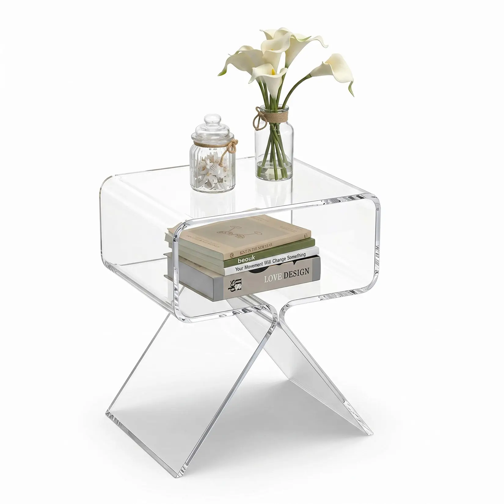Modern & Functional Acrylic Side Table with Storage – Transparent One-Piece Bedside/End Table, Distinctive Design – Clear