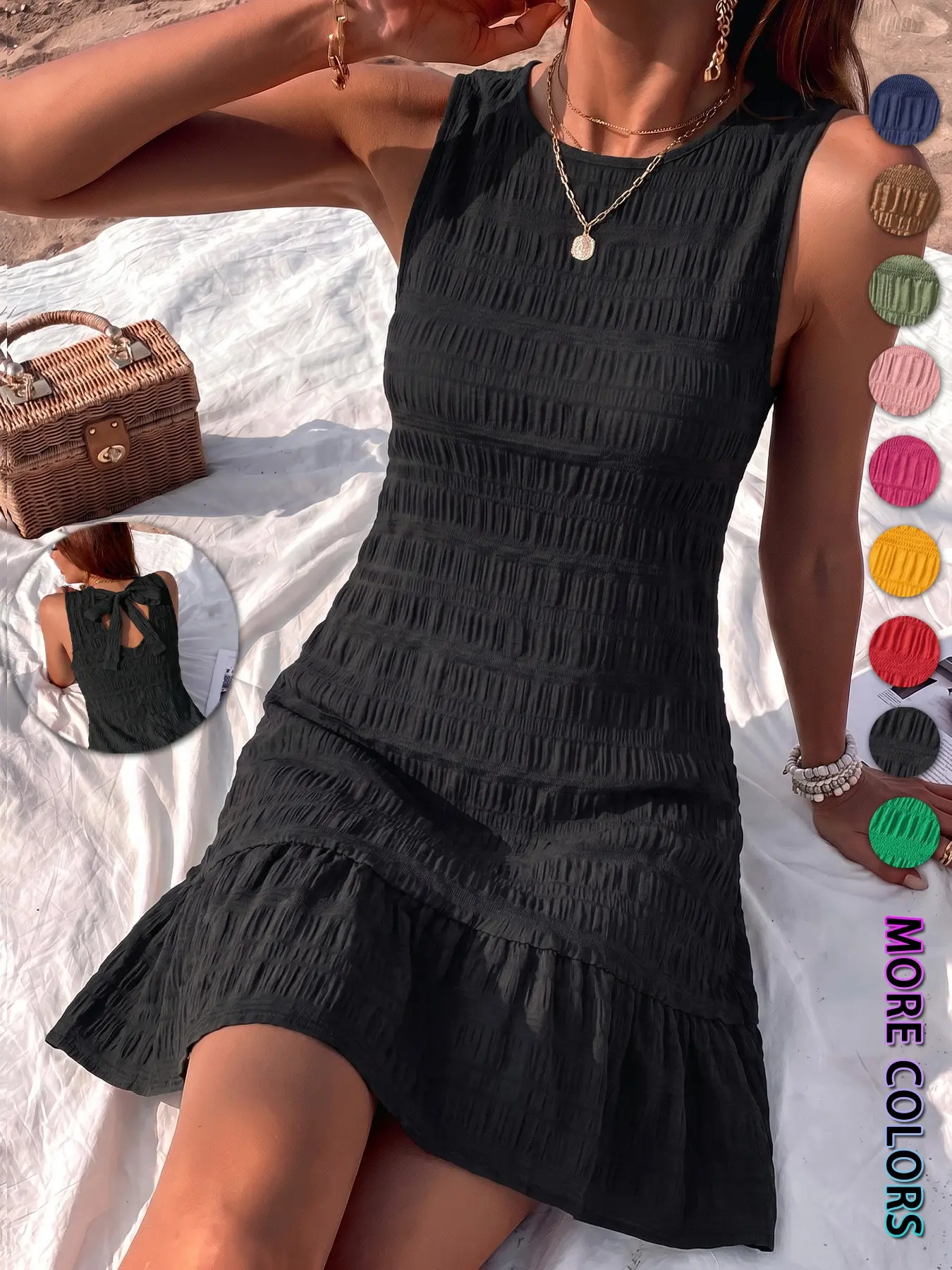 Women's High-End Pleated Sleeveless Dress, Back Tie Design, Leaf Edge, Short Summer Dress, Multiple Colors Available, Beach, Beachwear