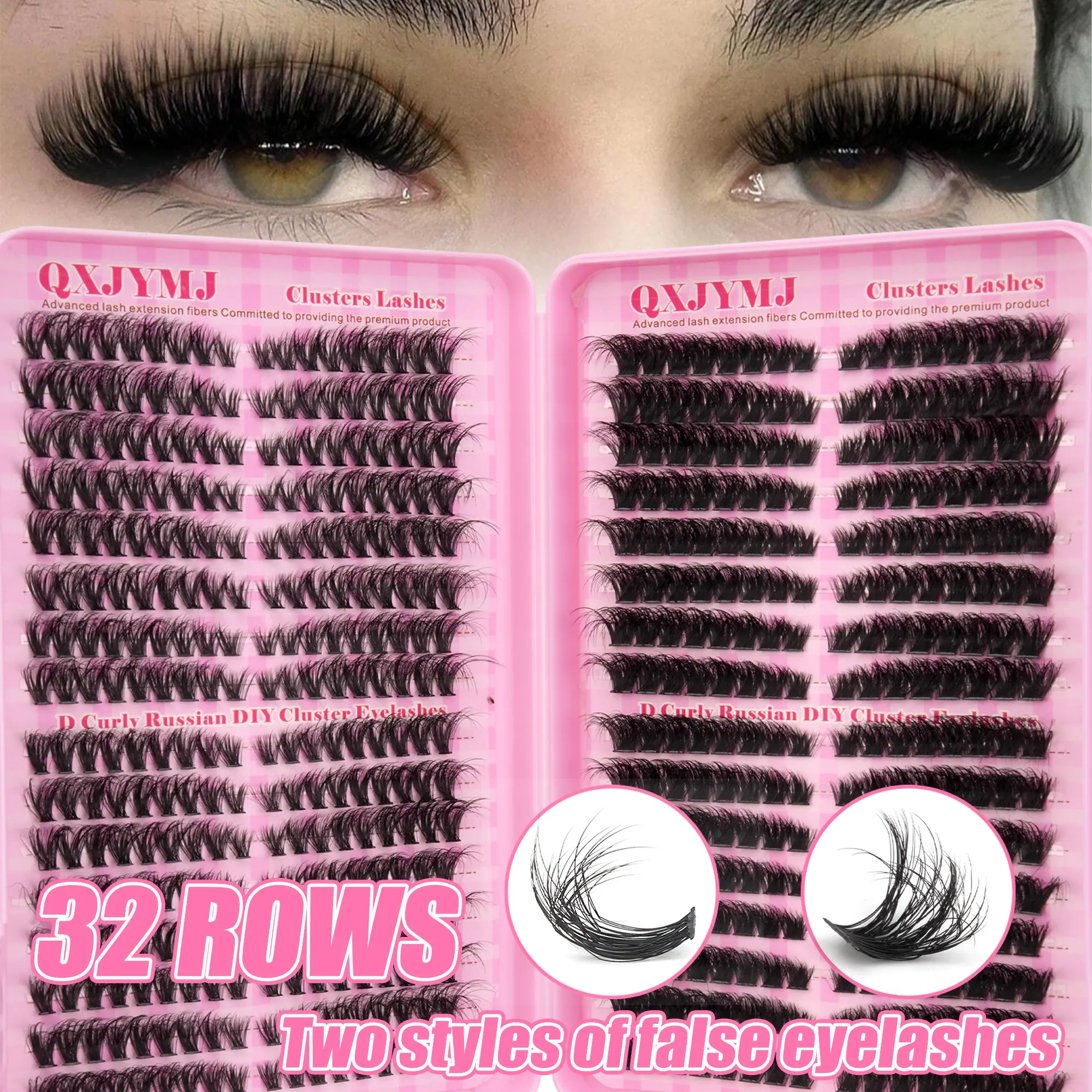 Qxjymj 32 Rows D Curl Russian DIY Cluster Lashes, Fluffy Wispy Individual Lash Clusters, Soft Mink Volume False Eyelashes, Eyelash Extensions, Self Application