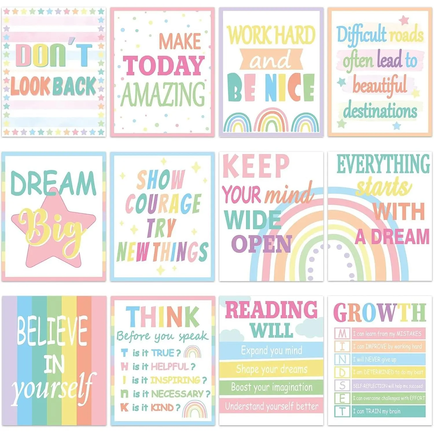 12PCS Pastel Motivational Posters for Classroom Decoration Boho Rainbow Growth Mindset Poster Inspirational Bulletin Board Set Decor for Middle High Elementary School Teacher Supplies Office Wall Art