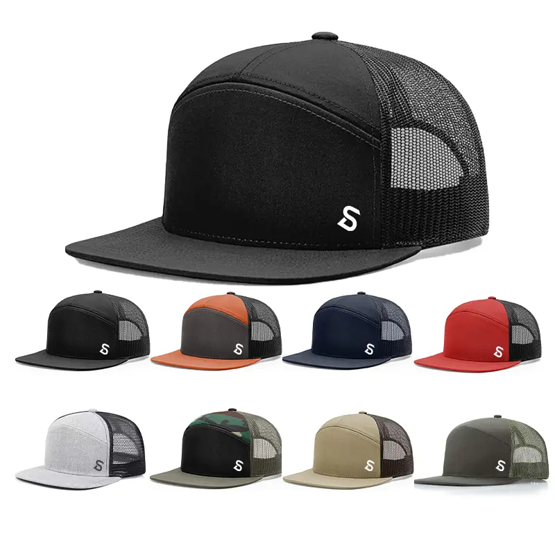 S Logo Printed Flat Bill Trucker Hat, Unisex Breathable Mesh Snapback Baseball Cap, Adjustable Outdoor Sun Hat for Fishing Camping Daily Wear